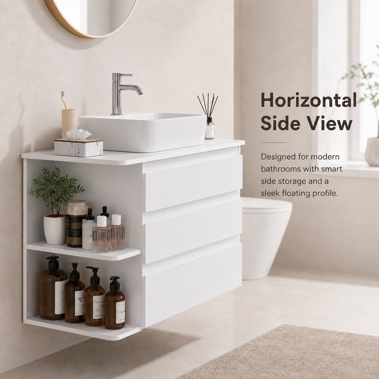 Enogets Wall Mounted Bathroom Vanity, White Floating Cabinet with 3 Drawers and Open Storage, Sink Not Included