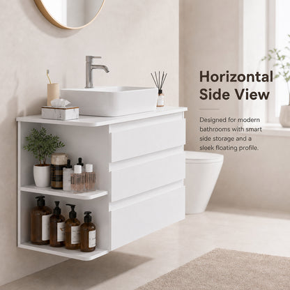 Enogets Wall Mounted Bathroom Vanity, White Floating Cabinet with 3 Drawers and Open Storage, Sink Not Included