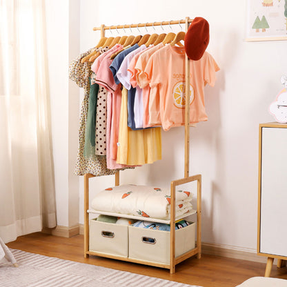 Enogets Bamboo Closet Organizer, Freestanding Clothing Rack with Adjustable Hanging Rods & 2 Storage Baskets for Children's Bedroom