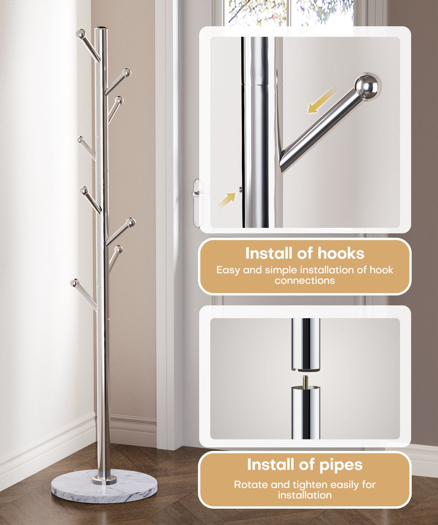 Enogets Coat Rack Stand with Marble Base & 8 Stainless Steel Hooks, Freestanding Clothes Tree (70" Tall, Silver)"