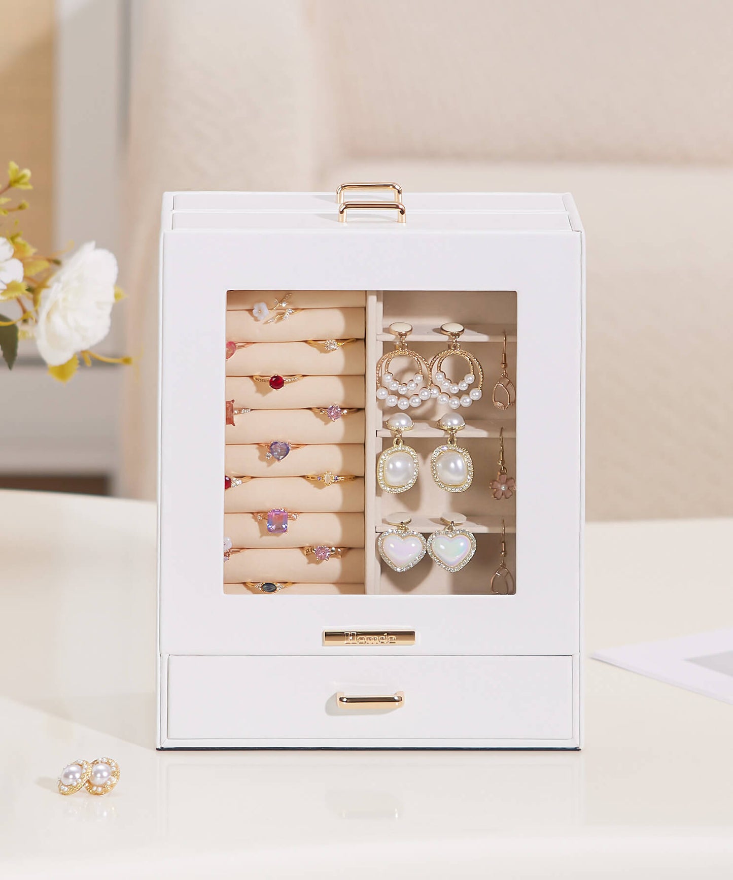 Enogets Jewelry Organizer with Display Windows& 3 Drawers, Jewelry Box for Girls Women Jewels