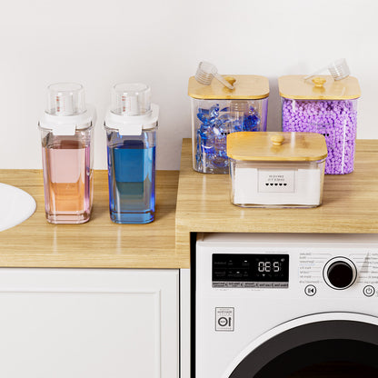 Enogets 5-Pack Laundry Pods Containers with Bamboo Lids, Clear Jars for Washing Detergent and Scent Beads, Includes Labels and Scoops