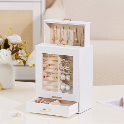 Enogets Jewelry Organizer with Display Windows& 3 Drawers, Jewelry Box for Girls Women Jewels