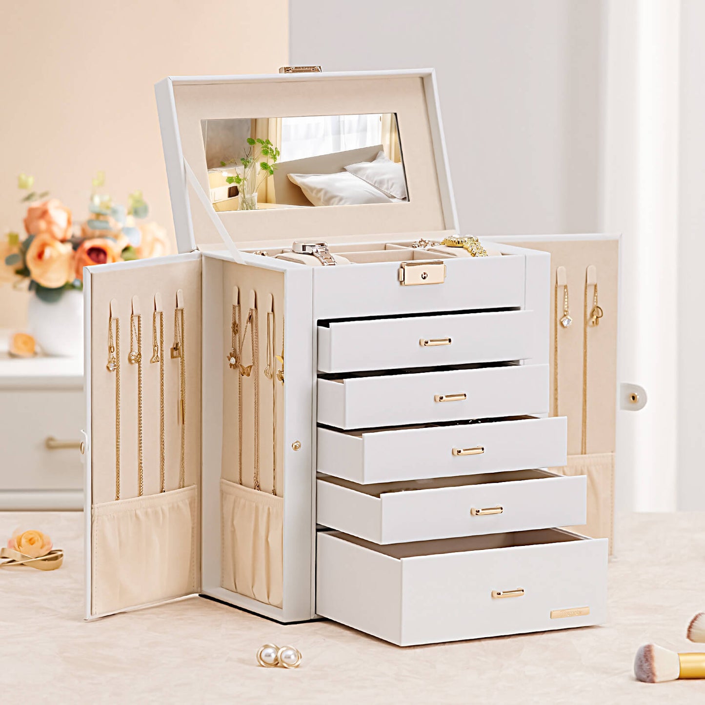 Enogets Large Jewelry Box for Women, 6 Layers 5 Drawers Organizer with Mirror for Ring Earring Necklace