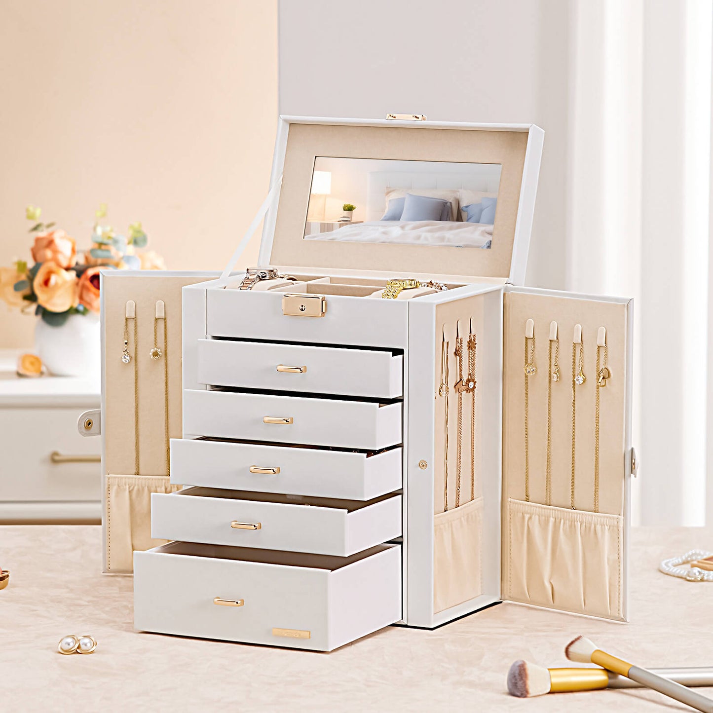 Enogets Large Jewelry Box for Women, 6 Layers 5 Drawers Organizer with Mirror for Ring Earring Necklace
