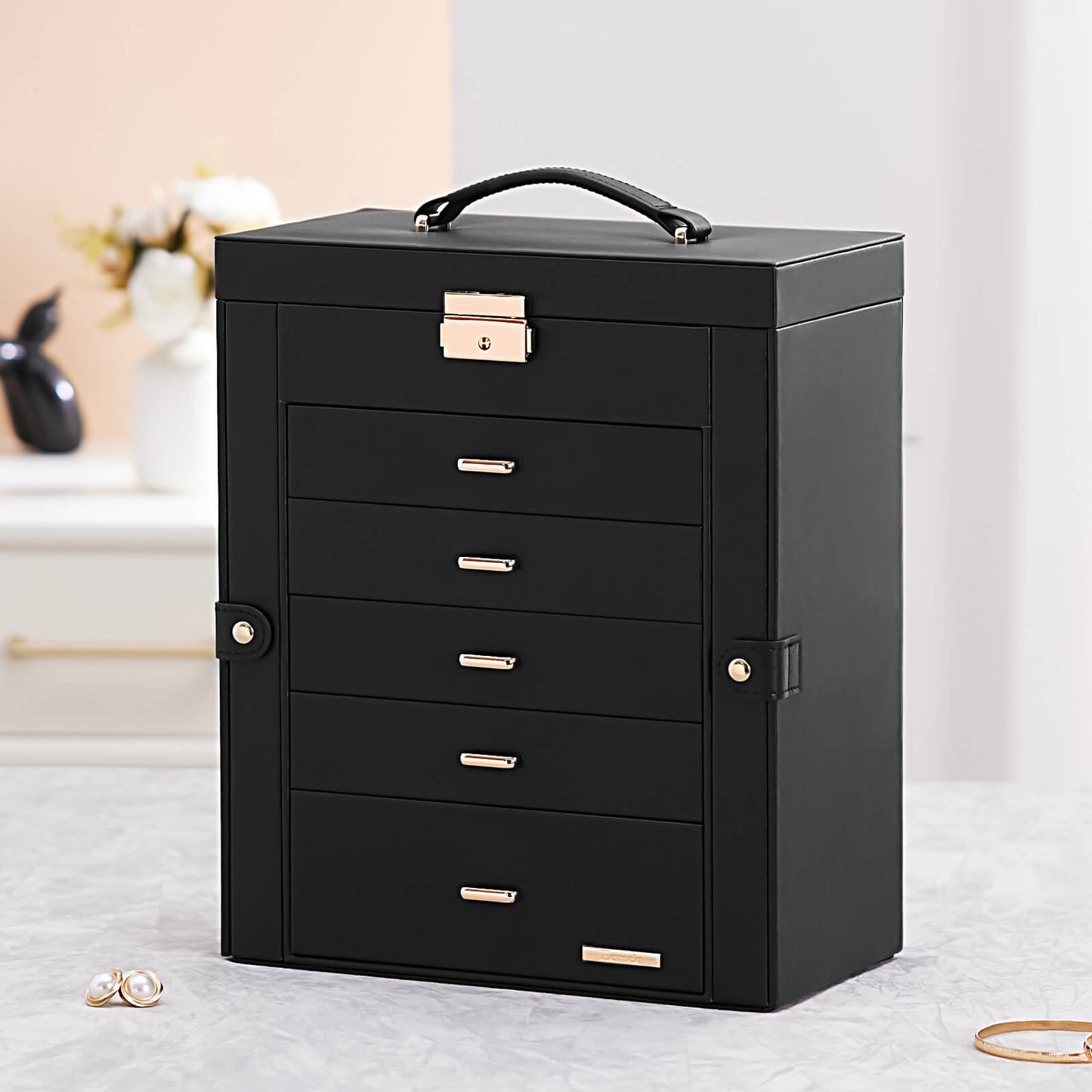 Enogets Large Jewelry Box for Women, 6 Layers 5 Drawers Organizer with Mirror for Ring Earring Necklace