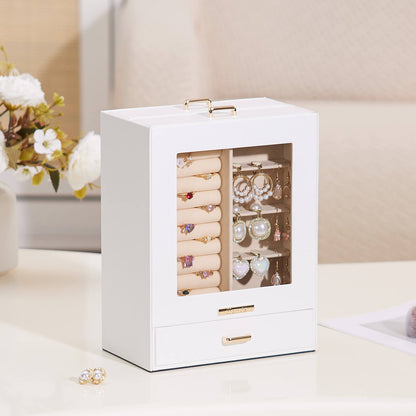 Enogets Jewelry Organizer with Display Windows& 3 Drawers, Jewelry Box for Girls Women Jewels